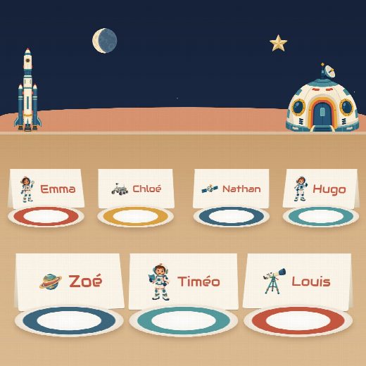 Table d’anniversaire astronaute : un porte-prénom à imprimer devant chaque assiette, au prénom de chaque enfant