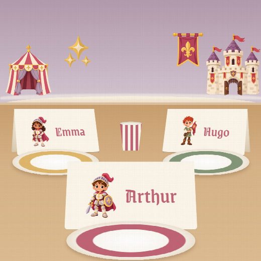 Porte-prénoms chevaliers à imprimer, pliés et posés sur la table de fête devant les assiettes, au prénom de chaque invité(e)
