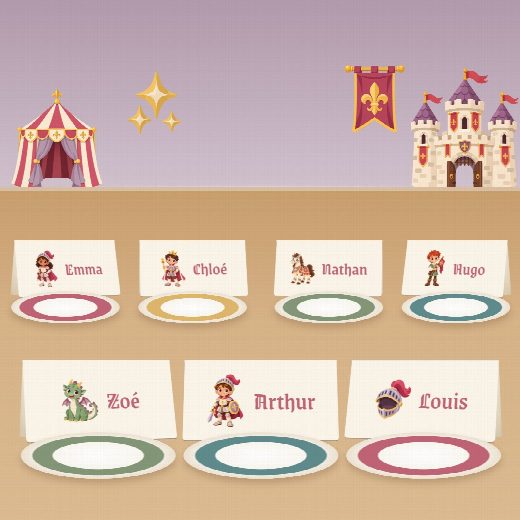 Table d’anniversaire chevaliers : un porte-prénom à imprimer devant chaque assiette, au prénom de chaque enfant