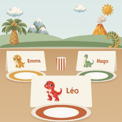 Porte-prénoms dinosaures à imprimer, pliés et posés sur la table de fête devant les assiettes, au prénom de chaque invité(e)