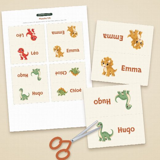 Planche de porte-prénoms dinosaures à imprimer sur A4, quatre cartes à découper et à plier par feuille