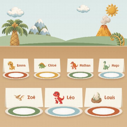 Table d’anniversaire dinosaures : un porte-prénom à imprimer devant chaque assiette, au prénom de chaque enfant