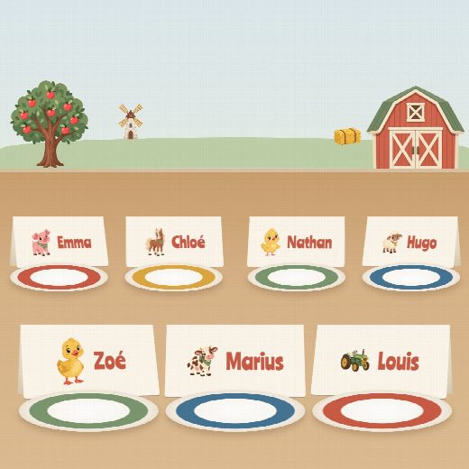 Table d’anniversaire ferme : un porte-prénom à imprimer devant chaque assiette, au prénom de chaque enfant