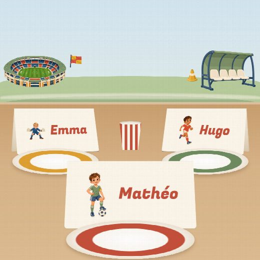 Porte-prénoms football à imprimer, pliés et posés sur la table de fête devant les assiettes, au prénom de chaque invité(e)