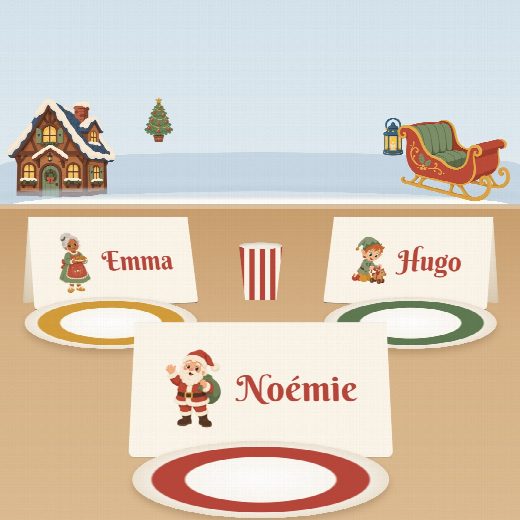 Porte-prénoms Noël à imprimer, pliés et posés sur la table de fête devant les assiettes, au prénom de chaque invité(e)