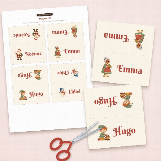 Planche de porte-prénoms Noël à imprimer sur A4, quatre cartes à découper et à plier par feuille