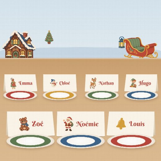 Table d’anniversaire Noël : un porte-prénom à imprimer devant chaque assiette, au prénom de chaque enfant