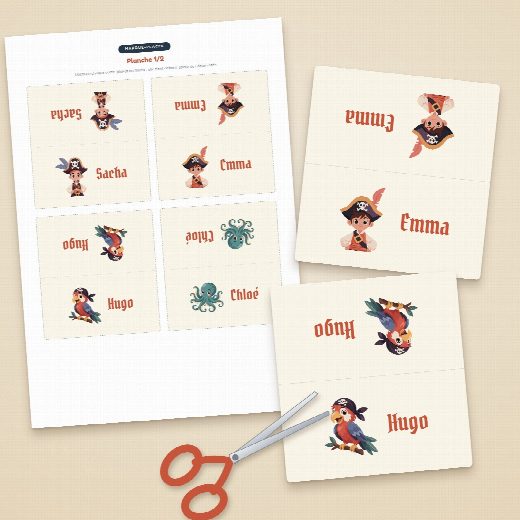 Planche de porte-prénoms pirates à imprimer sur A4, quatre cartes à découper et à plier par feuille