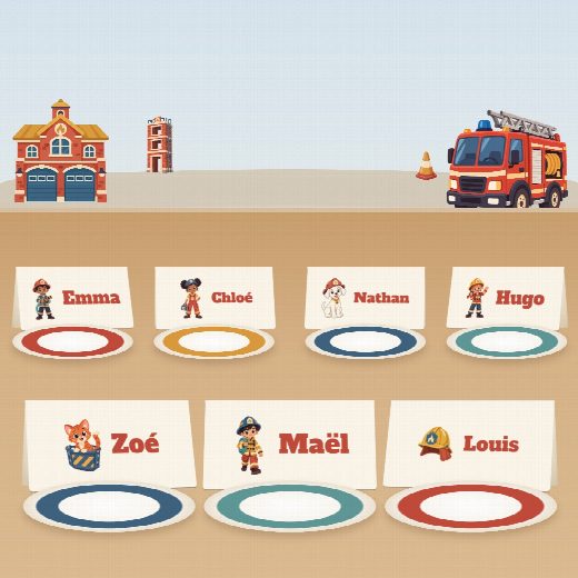 Table d’anniversaire pompier : un porte-prénom à imprimer devant chaque assiette, au prénom de chaque enfant