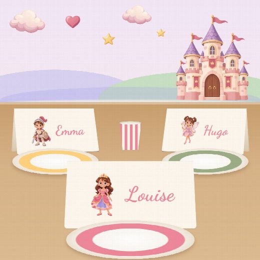 Porte-prénoms princesses à imprimer, pliés et posés sur la table de fête devant les assiettes, au prénom de chaque invité(e)