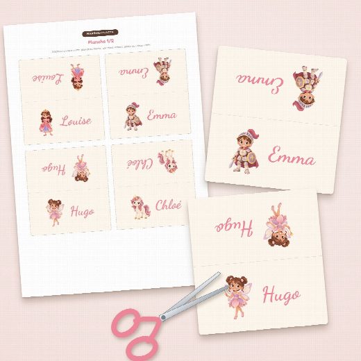Planche de porte-prénoms princesses à imprimer sur A4, quatre cartes à découper et à plier par feuille