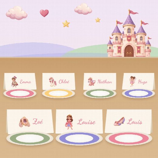 Table d’anniversaire princesses : un porte-prénom à imprimer devant chaque assiette, au prénom de chaque enfant