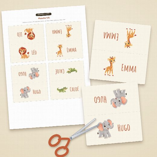 Planche de porte-prénoms safari à imprimer sur A4, quatre cartes à découper et à plier par feuille