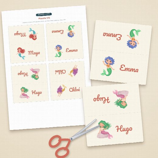 Planche de porte-prénoms sirènes à imprimer sur A4, quatre cartes à découper et à plier par feuille