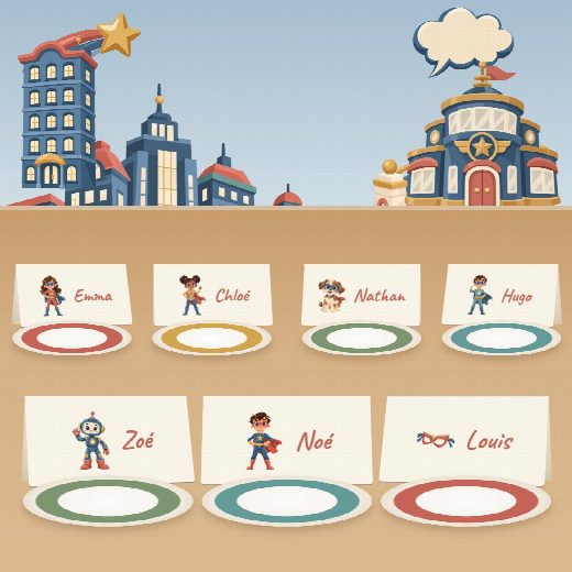 Table d’anniversaire super-héros : un porte-prénom à imprimer devant chaque assiette, au prénom de chaque enfant