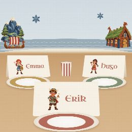 Porte-prénoms vikings à imprimer, pliés et posés sur la table de fête devant les assiettes, au prénom de chaque invité(e)