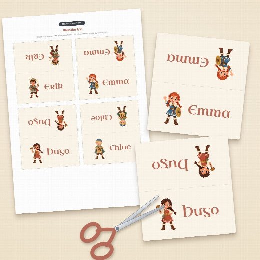 Planche de porte-prénoms vikings à imprimer sur A4, quatre cartes à découper et à plier par feuille