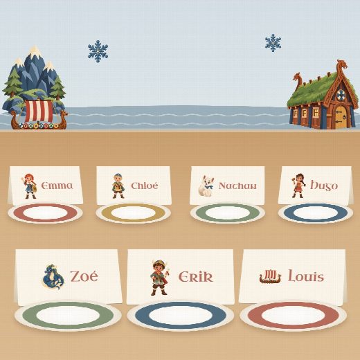 Table d’anniversaire vikings : un porte-prénom à imprimer devant chaque assiette, au prénom de chaque enfant