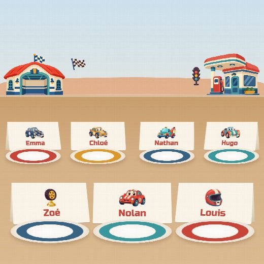 Table d’anniversaire voitures : un porte-prénom à imprimer devant chaque assiette, au prénom de chaque enfant