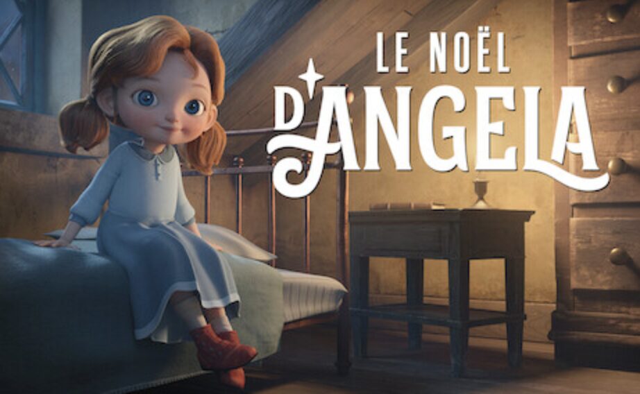Le Noël d'Angela : petite fille en chemise de nuit assise sur son lit dans une chambre en bois