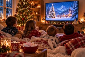 Enfants sous un plaid regardant un film de Noël à la télévision, près du sapin illuminé