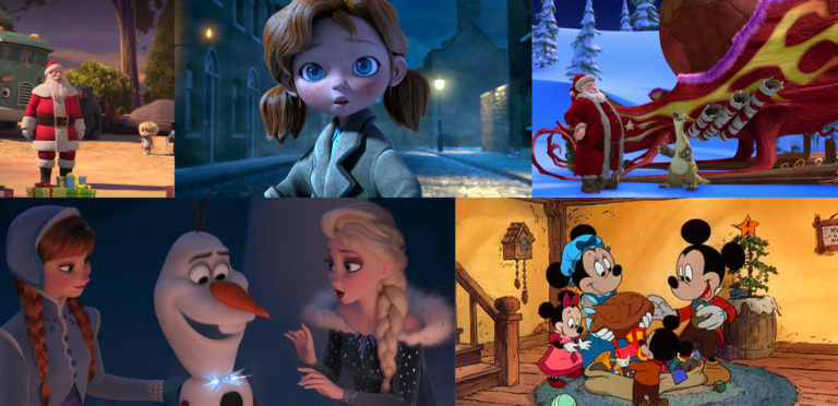 Cinq courts métrages animés de Noël en mosaïque : Père Noël, Olaf et Elsa, traîneau et Mickey en famille
