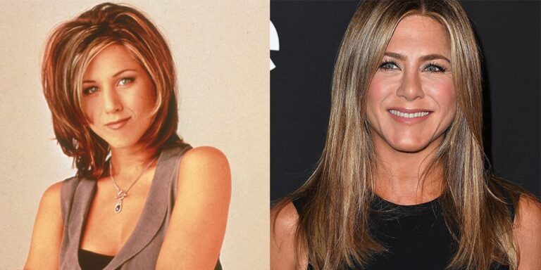 Jennifer Aniston dans les années 90 avec la coupe Rachel, puis aujourd'hui les cheveux longs et lisses