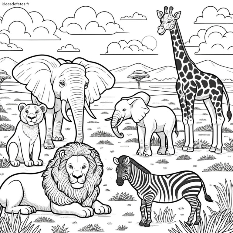 Coloriage animaux à imprimer : scène de savane avec lion, éléphants, girafe et zèbre