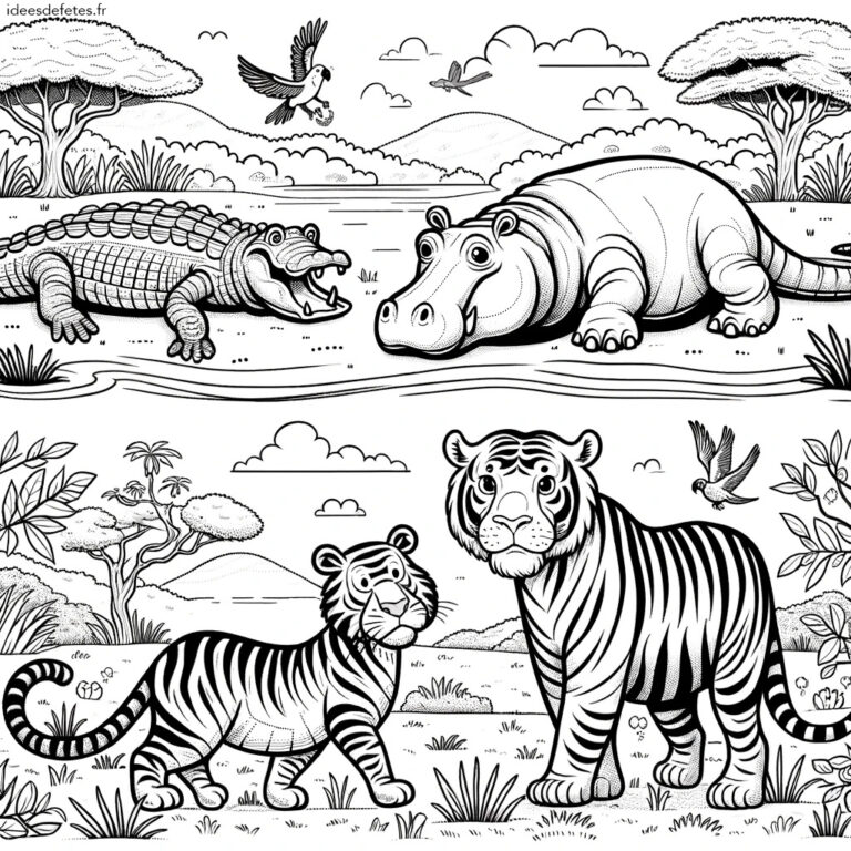 Coloriage animaux à imprimer : crocodile, hippopotame et tigres au bord de la rivière