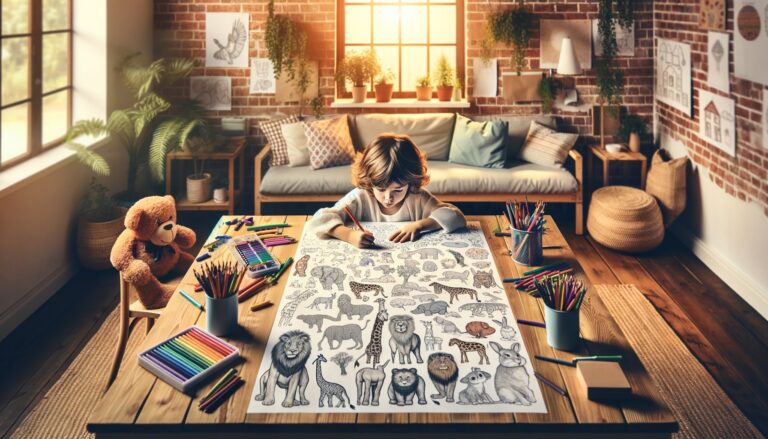 Enfant qui colorie une grande planche de coloriages animaux à imprimer, entouré de crayons de couleur