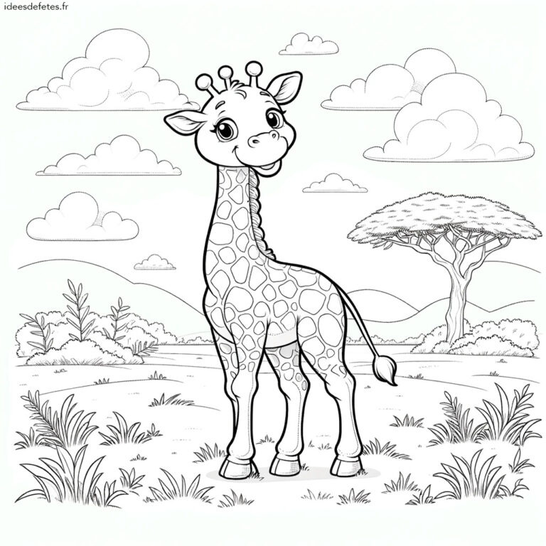 Coloriage animaux à imprimer : girafe devant un grand arbre