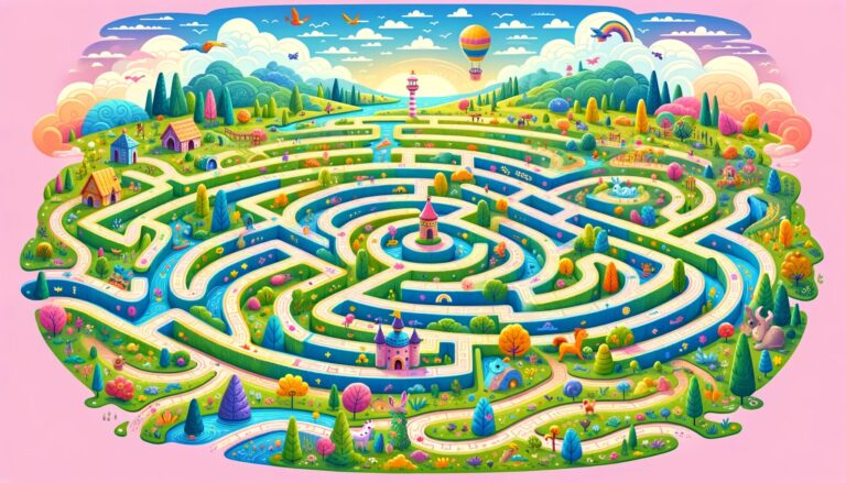 Grand labyrinthe circulaire coloré dans un paysage fleuri avec montgolfière et arc-en-ciel, à imprimer pour enfants