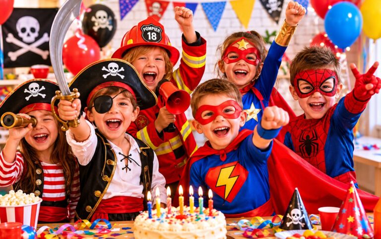 Enfants déguisés en pirate, pompier et super-héros faisant la fête autour du gâteau, thèmes d'anniversaire pour garçon