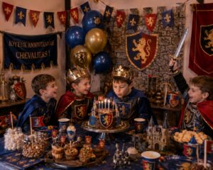 Quatre garçons en cape et couronne soufflant les bougies d'un anniversaire sur le thème chevalier, décor de château