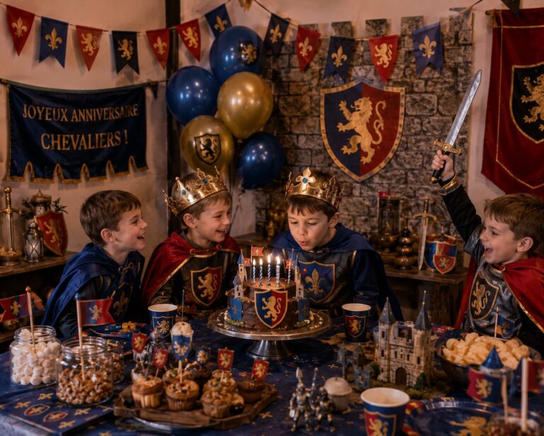 Quatre garçons en cape et couronne soufflant les bougies d'un anniversaire sur le thème chevalier, décor de château