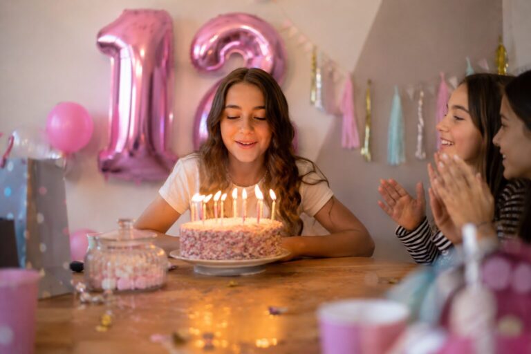 Adolescente prête à souffler ses bougies devant ses amies, ballons chiffrés et décor d'anniversaire rose pastel