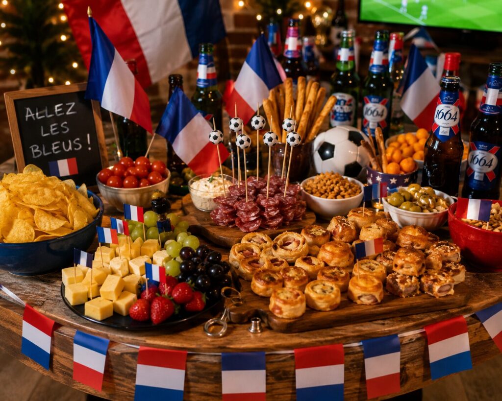 Apéro foot aux couleurs des Bleus : chips, feuilletés, brochettes, bières et drapeaux tricolores sur la table