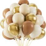 Bouquet de ballons beige, blanc, caramel et doré pour décorer la salle d'un anniversaire chevalier