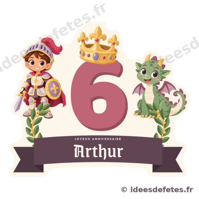 Cake topper chevalier à imprimer : l’âge en grand coiffé d’une couronne, le prénom sur un ruban, le chevalier et le dragon de chaque côté