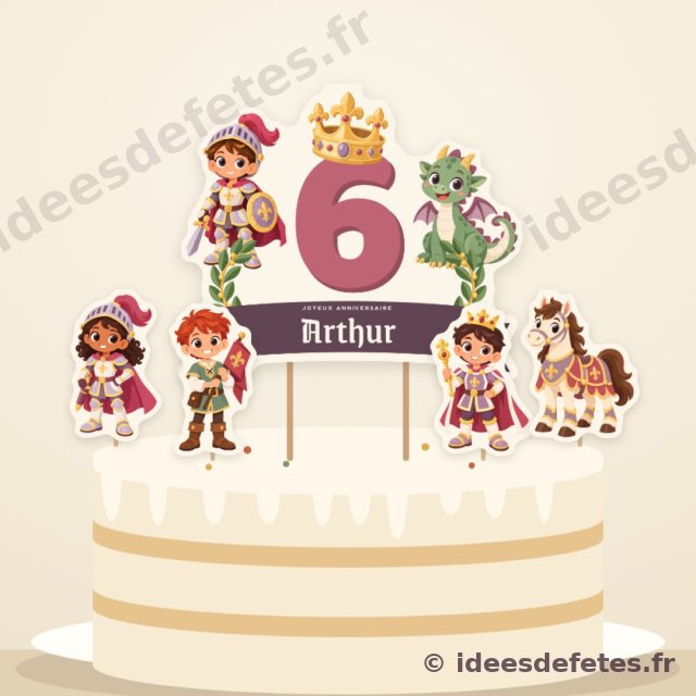 Cake topper chevalier à imprimer, planté sur le gâteau d’anniversaire : l’âge sous la couronne, le prénom, le chevalier et le dragon