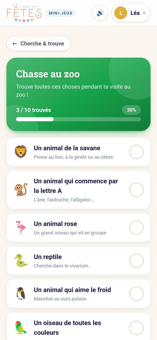 Application Idées de Fêtes sur téléphone : jeu de chasse aux animaux du zoo, 3 animaux sur 10 déjà trouvés