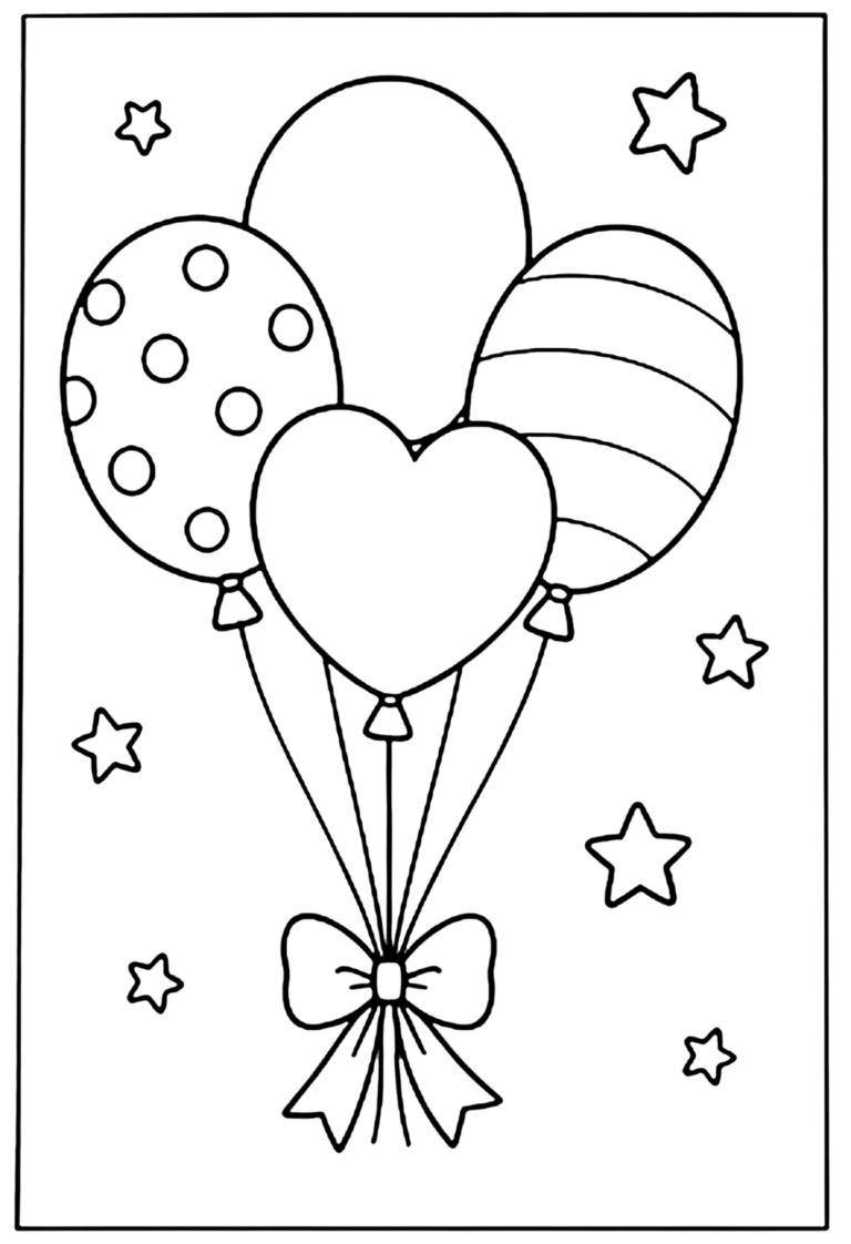 Coloriage baby shower à imprimer : bouquet de ballons avec nœud et étoiles