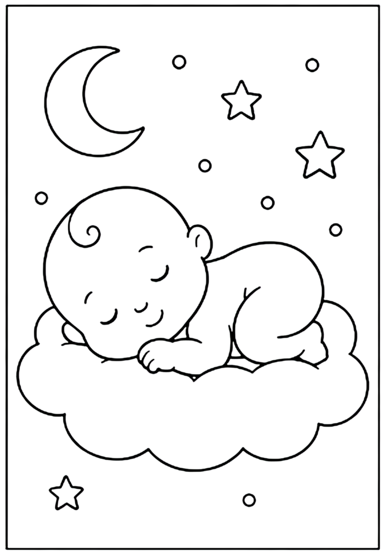 Coloriage baby shower à imprimer : bébé endormi sur un nuage sous la lune