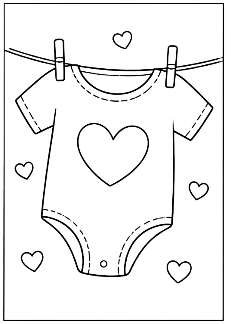 Coloriage baby shower à imprimer : body de bébé suspendu à un fil à linge