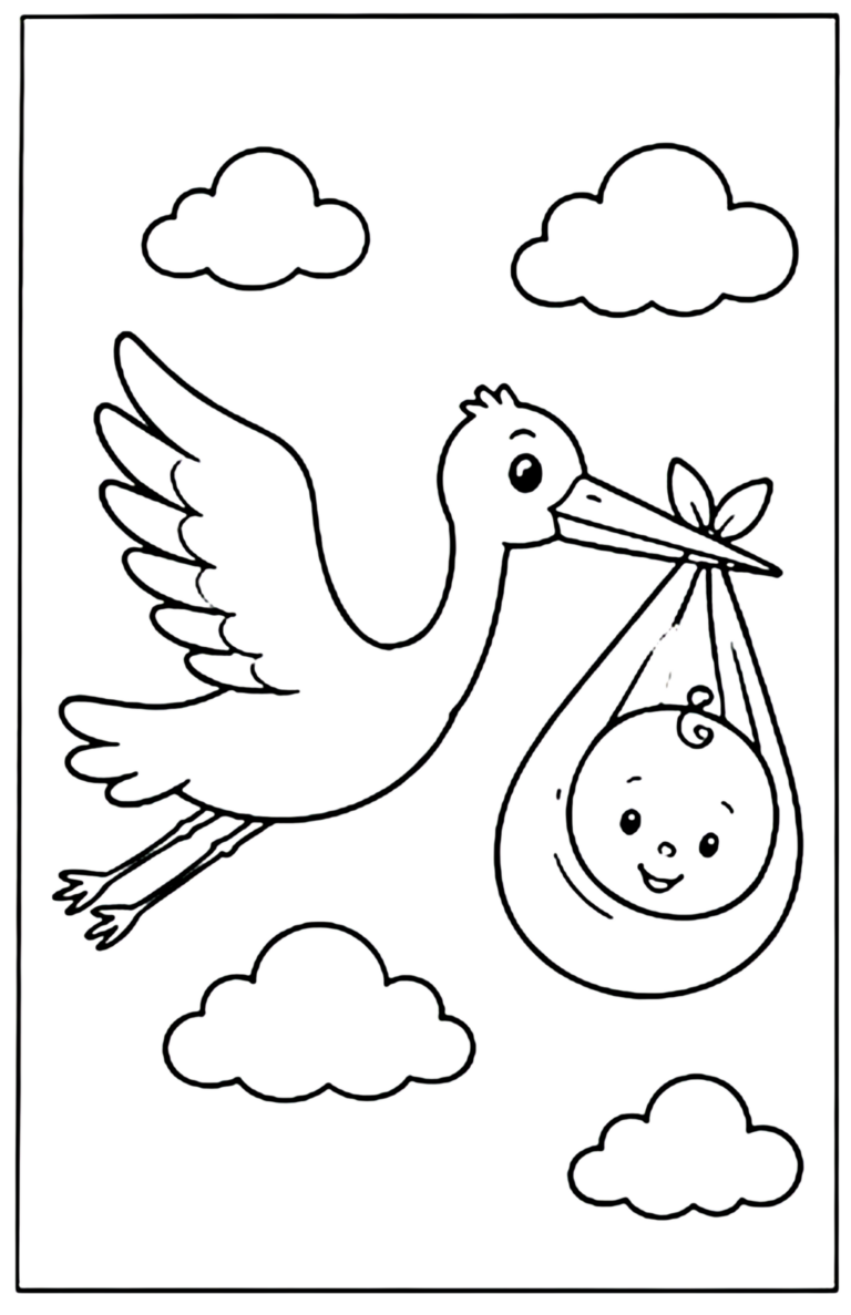 Coloriage baby shower à imprimer : cigogne portant un bébé dans son baluchon