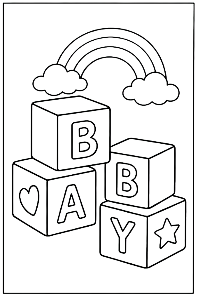 Coloriage baby shower à imprimer : cubes lettres BABY et arc-en-ciel