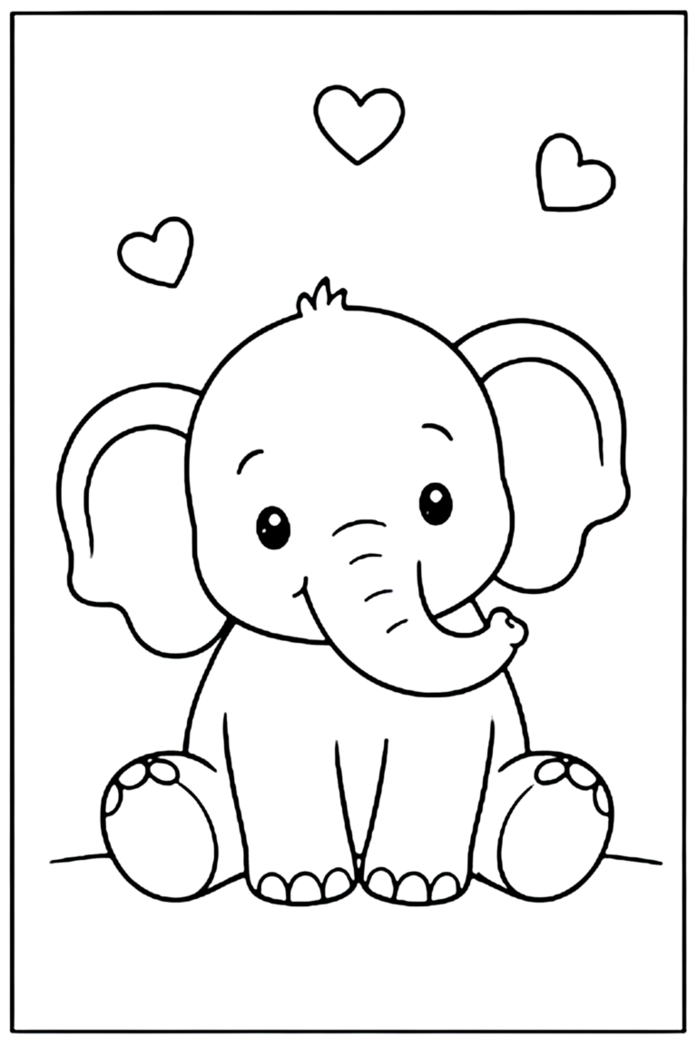 Coloriage baby shower à imprimer : bébé éléphant assis entouré de cœurs