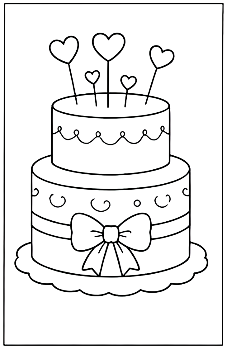 Coloriage baby shower à imprimer : gâteau à étages décoré de cœurs