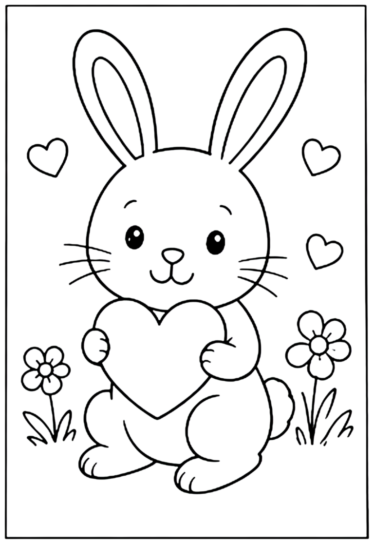 Coloriage baby shower à imprimer : lapin tenant un grand cœur