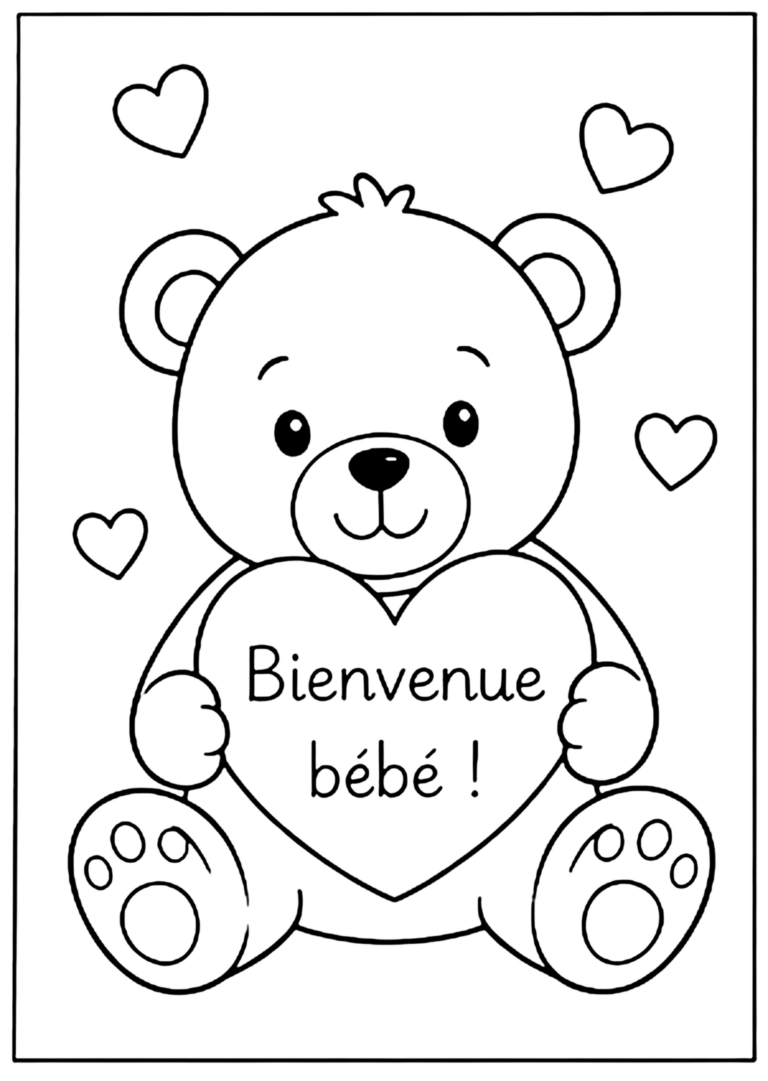 Coloriage baby shower à imprimer : ourson tenant un cœur Bienvenue bébé